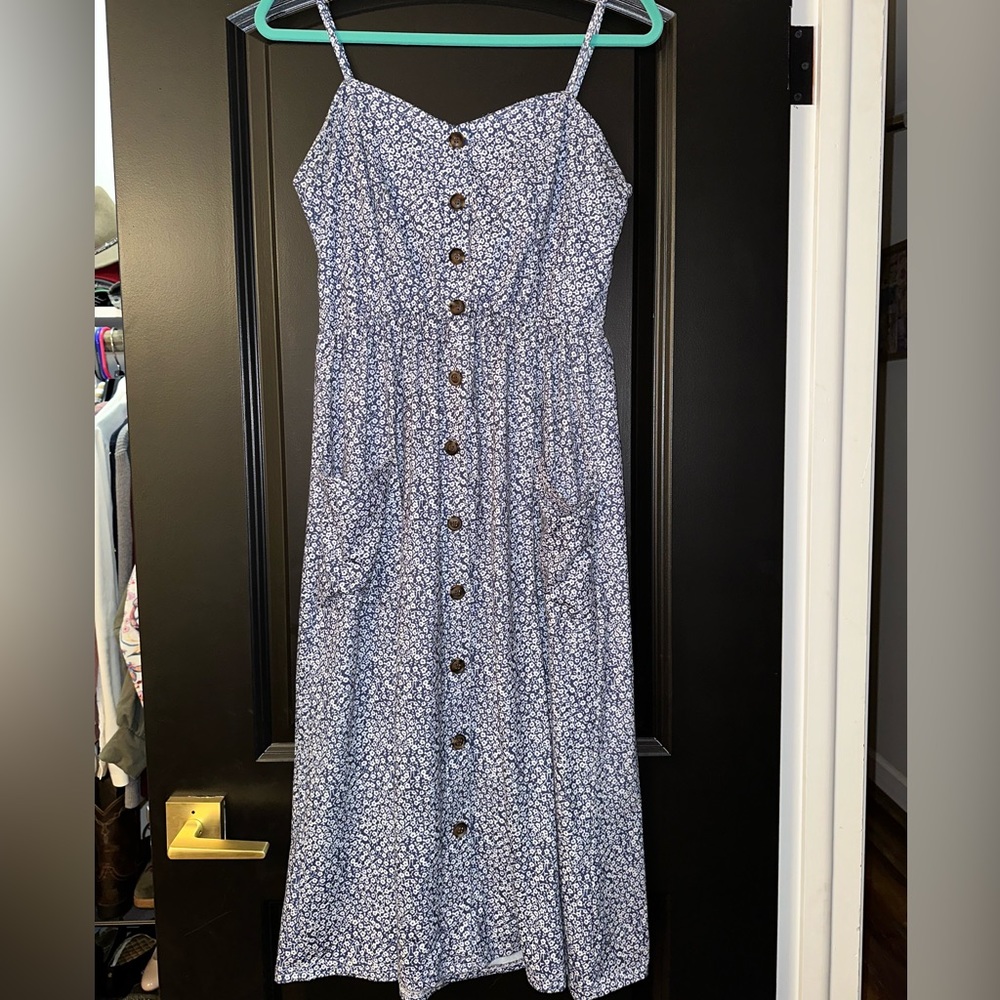 Blue Floral Smocked Midi Dress